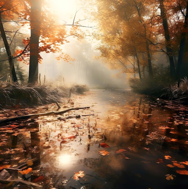 Falling Autumn leaves with river and forest view