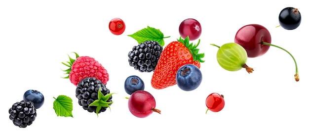 Falling berries collection, strawberry, raspberry, cherry, blueberry and currant isolated on white background