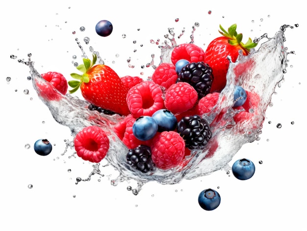 Falling berries mixture meets water in a splash white background Lots of crystal drops AI generative illustration