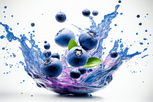 Falling blueberry closeup with water splash Generative AI