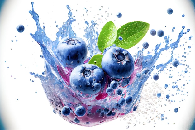 Falling blueberry closeup with water splash Generative AI