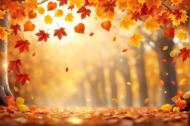 Падающие ярко разные осенние листья на фоне размытого парка