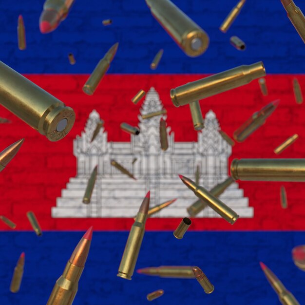 Falling Bullets in front of Cambodia flag