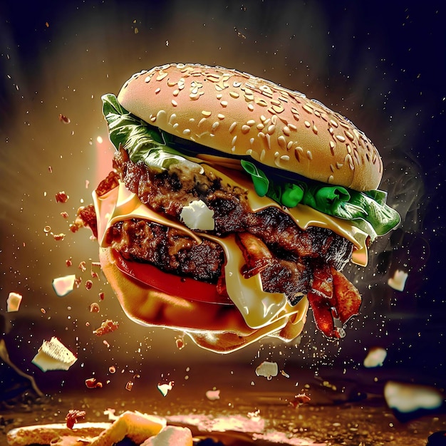 Falling burger Flying with Sprinkles High Quality Image AI Generated