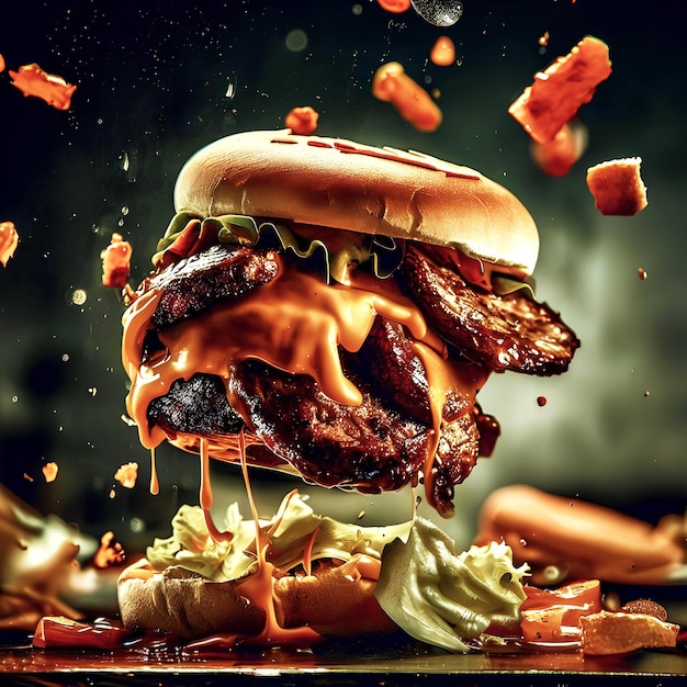 Falling burger Flying with Sprinkles Hoogwaardige afbeelding gegenereerd door AI