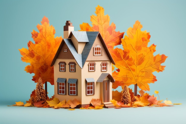 Falling for the Charm Intricate Paper House Model amidst Autumn Leaves AR 32