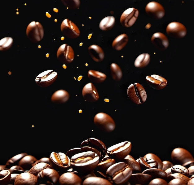 Falling coffee beans on a black background