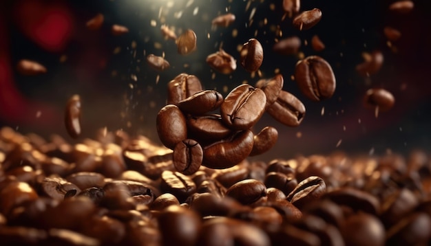 falling coffee beans captured in midair