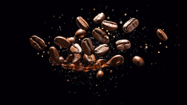 Falling coffee beans on dark background