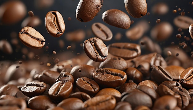 Falling coffee beans in motion close up