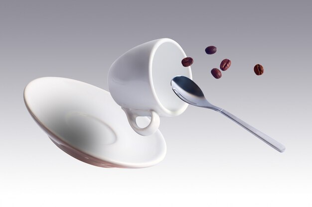 Falling coffee cup with spoon, saucer and some beans