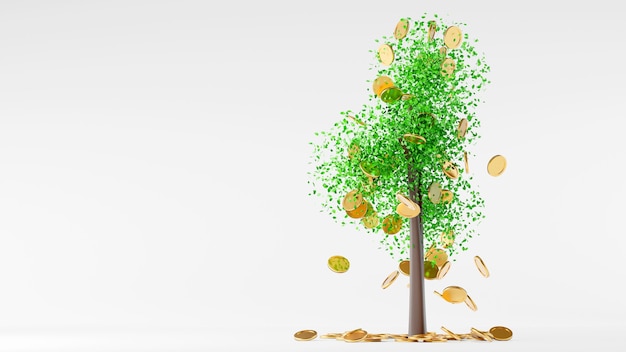 Falling coin from tree or leaf coin on the tree, banking saving money concept, 3d render