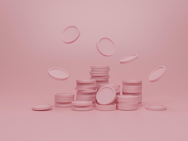 Falling coin stack on pink pastel background concept of\
business investment working capital and money saving 3d rendering\
3d illustration