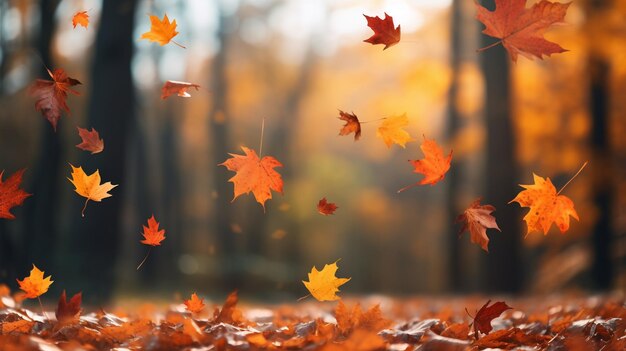 AIツールで生成された背景の外で秋に色とりどりの葉が落ちる