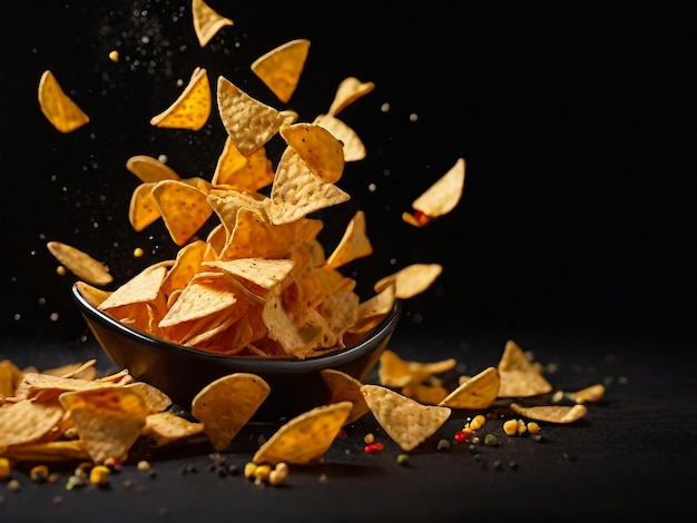 Foto falling corn chips hot mexican nachos geïsoleerd op zwarte achtergrond