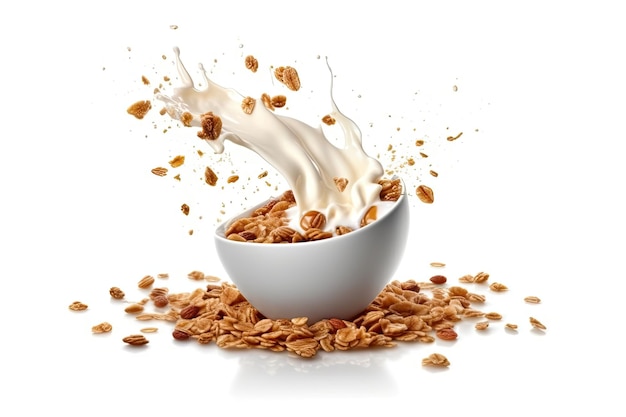 Falling crunchy muesli bowl of oat granola with milk splashing isolated