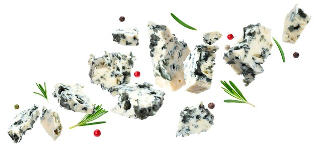 Falling danish blue cheese isolated on white background