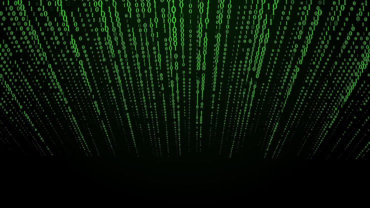 Photo falling digits of binary code illustration of the matrix digital dark background with noise effect corrupted code matrix failure visualization of big data