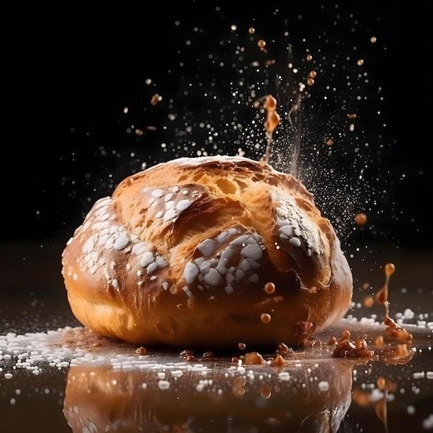 Falling donuts on black background with falling coffee beans and splashes