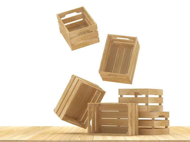 Photo falling down empty wooden crates