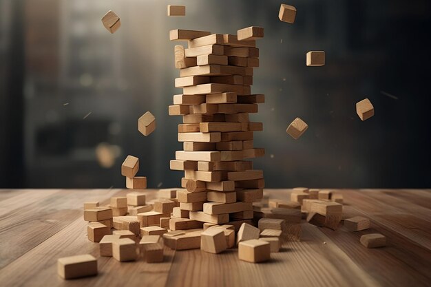 Falling down jenga tower structure toys on top of wooden table generative AI