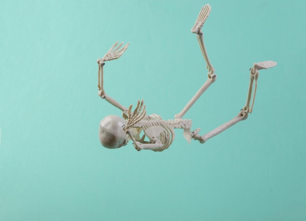 Falling down skeleton on blue background