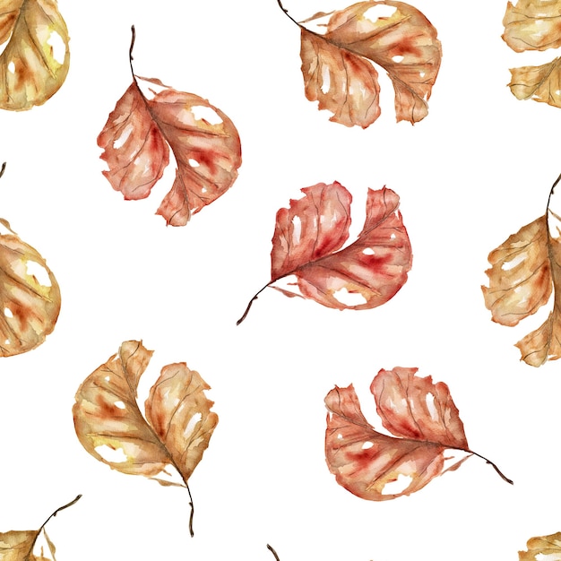 Falling dry leaves watercolor seamless pattern