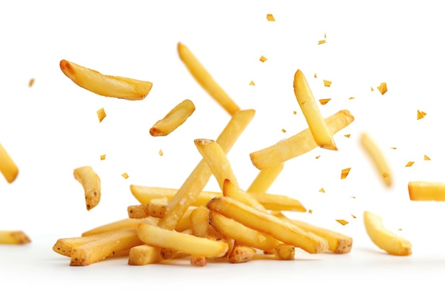 Falling French fries isolated on white background