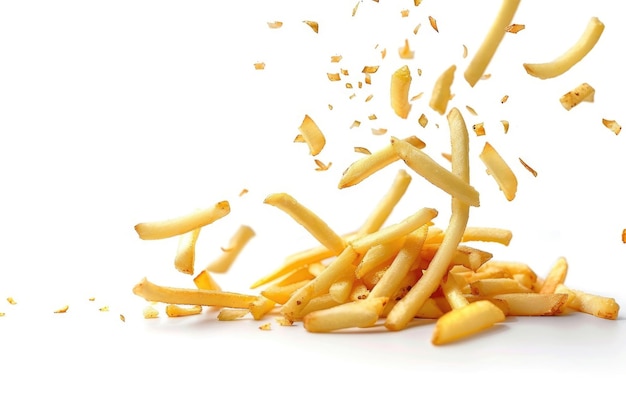 Falling french fries isolated on white background