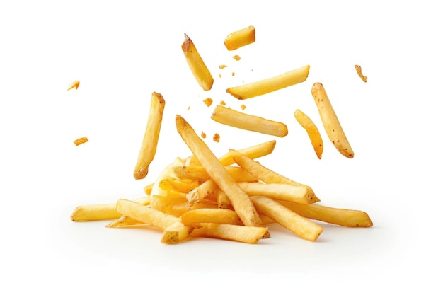 Photo falling french potato fries isolated on white background