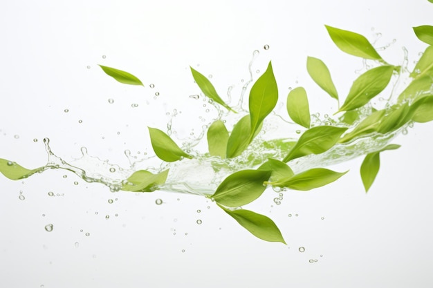 Falling fresh green tea leaves on a white surface