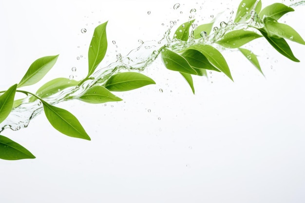 Falling fresh green tea leaves on a white surface