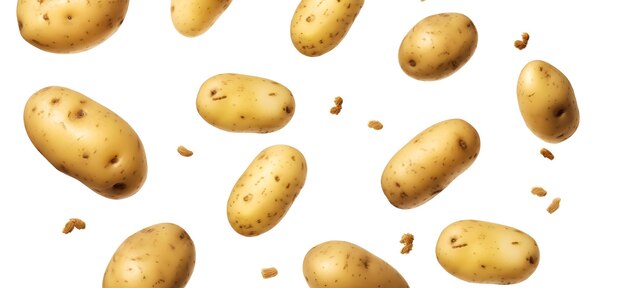 Falling fresh potatoes isolated on transparent or white background