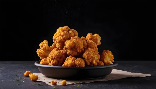 Photo falling fried breaded cauliflower dark background