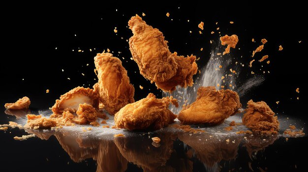 Photo falling of fried chicken isolated on black background