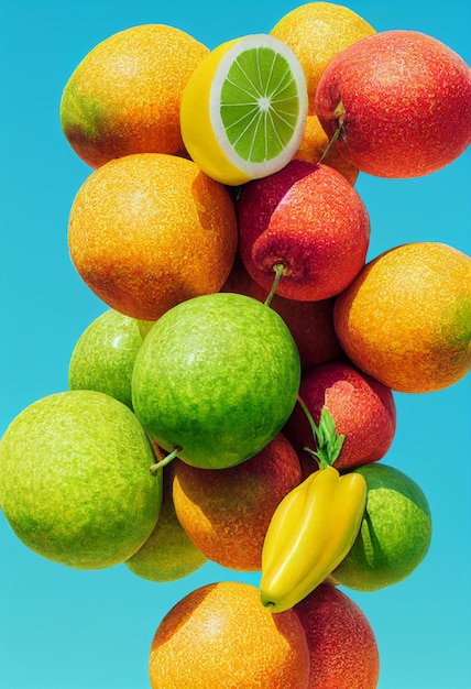 Falling fruit composition background apples oranges and other fruits 3D illustration