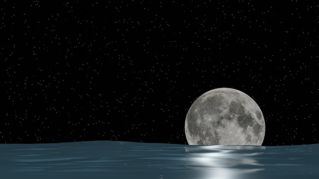 Falling full moon and its distorted reflection on blue sea surface 3D Rendering