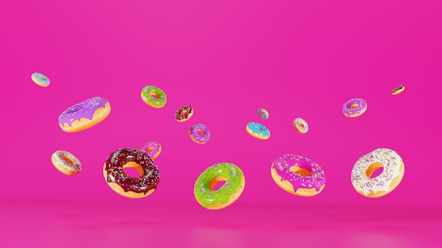 Falling glazed donuts Banner design for a candy store A set of different donuts 3d