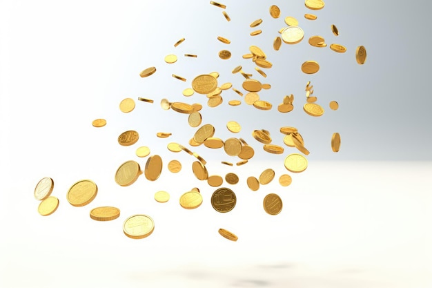 Falling gold coins isolated on white background