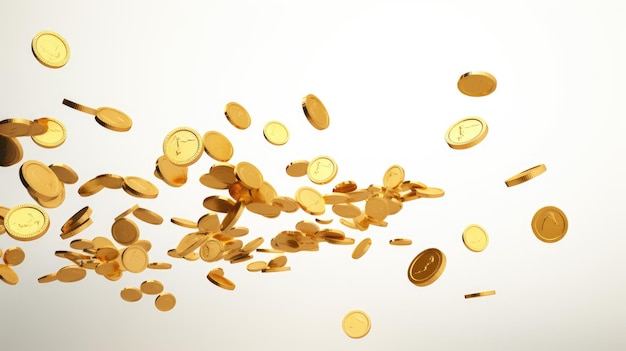 Photo falling gold coins in white background ai generated image