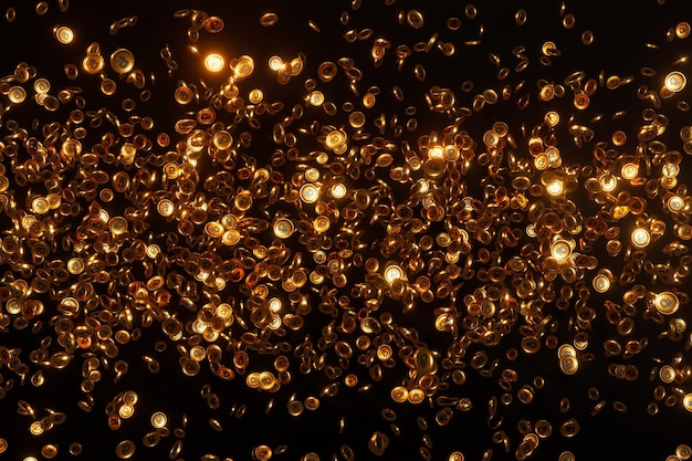 Падающие золотые блестящие монеты российский рубль с эффектом боке на черном фоне 3d рендеринг