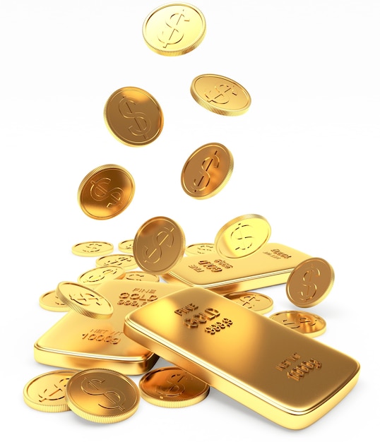 Falling golden bars and coins