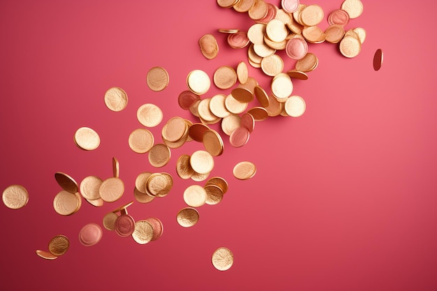 Falling golden confetti on pink background