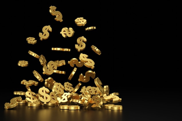 Segno di dollaro d'oro che cade. rendering 3d.