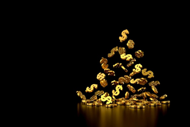 Falling golden dollar sign 3D rendering