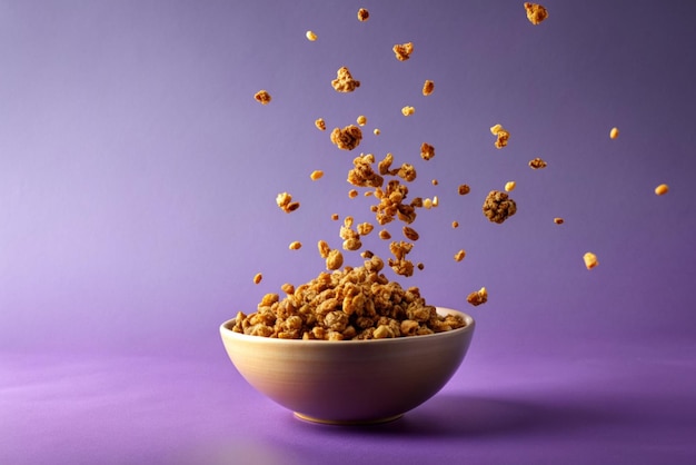 Photo falling granola in bowl healthy breakfast ingredient