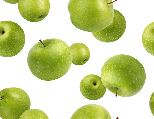 Falling green apples seamless pattern Flying whole fruits isolated on a white background