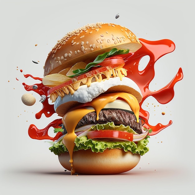 Falling ham burger with floating ingredients, 3d design realistic burger on abstract background.