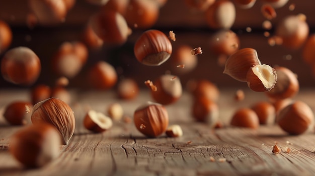 Falling hazelnuts on wooden background