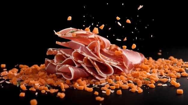 Foto jamon cadente fette di prosciutto di maiale crudo isolato su nero